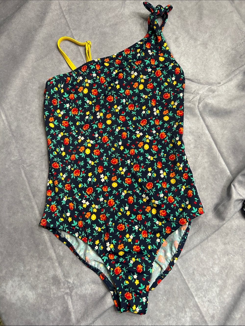 Lands' End Girls Black One-Shoulder Floral Swimsuit with Yellow Strap